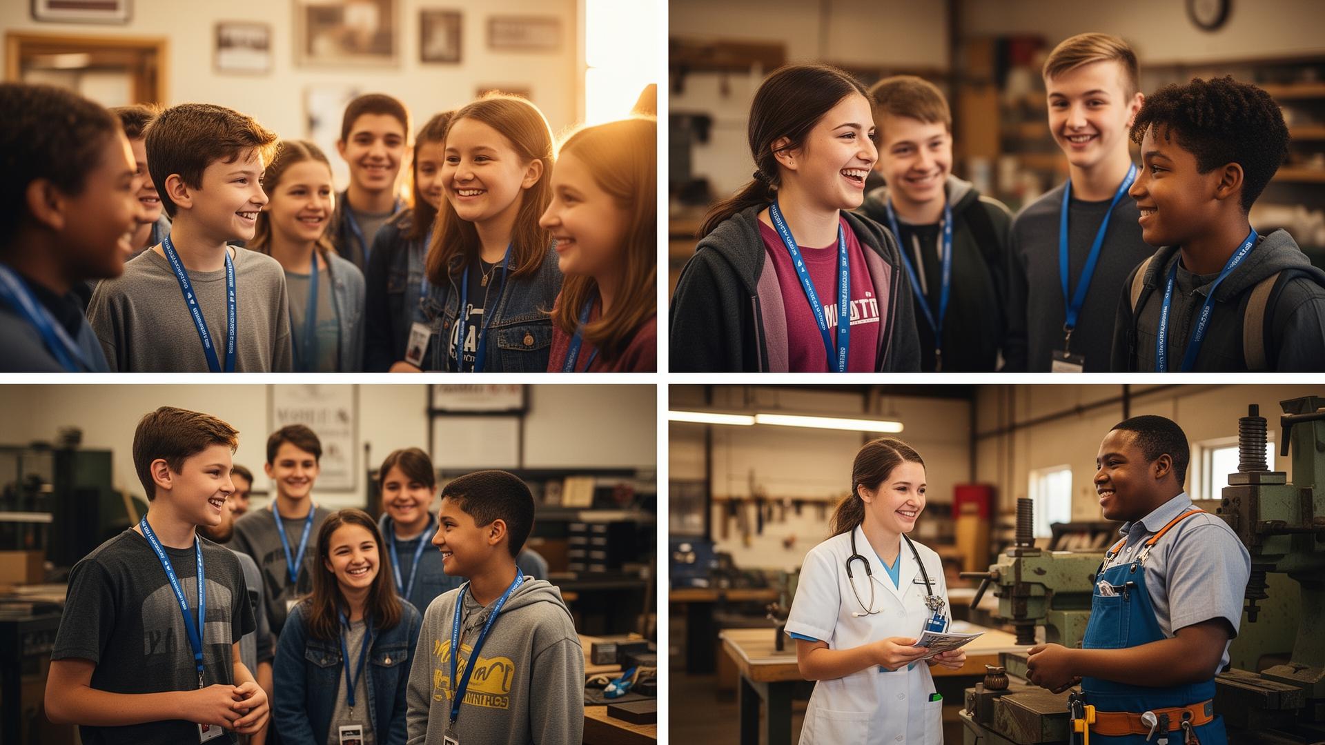 Middle school students on a community business visit, talking with local healthcare and trades professionals